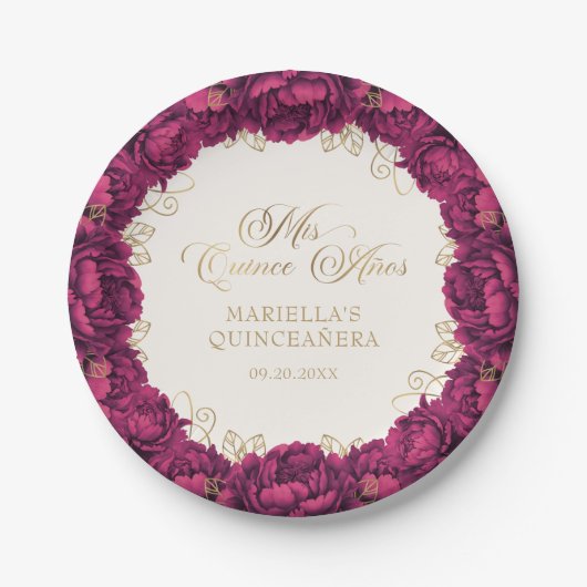 Burgundy Floral Quinceanera Papieren Bordje (Voorkant)