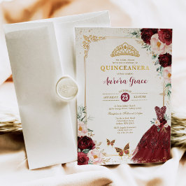 Burgundy Floral Quinceañera Princess Mis Quince Kaart