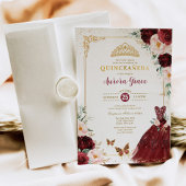 Burgundy Floral Quinceañera Princess Mis Quince Kaart