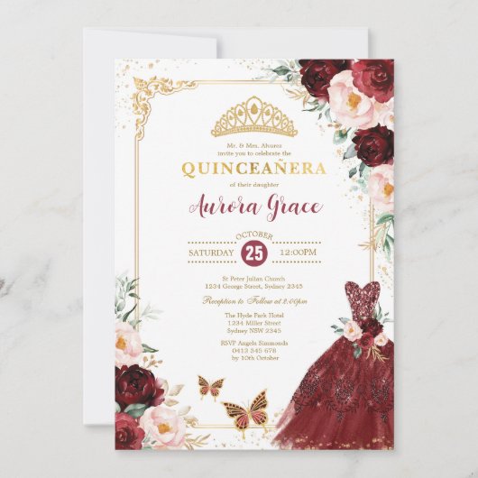 Burgundy Floral Quinceañera Princess Mis Quince Kaart (Voorkant)