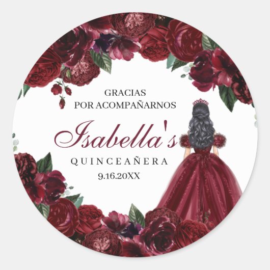 Burgundy Floral Quinceanera Round Stickers (Voorkant)
