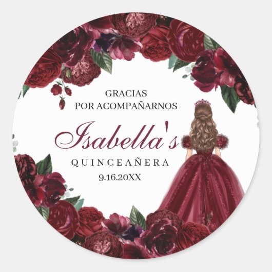 Burgundy Floral Quinceanera Round Stickers (Voorkant)
