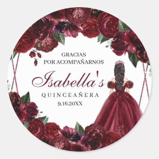 Burgundy Floral Quinceanera Round Stickers (Voorkant)