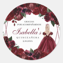 Burgundy Floral Quinceanera Round Stickers