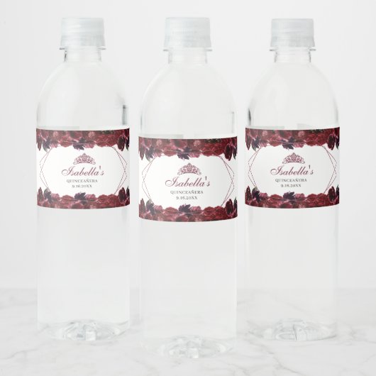 Burgundy Floral Quinceanera Water Fles Label Waterfles Etiket (Flessen)