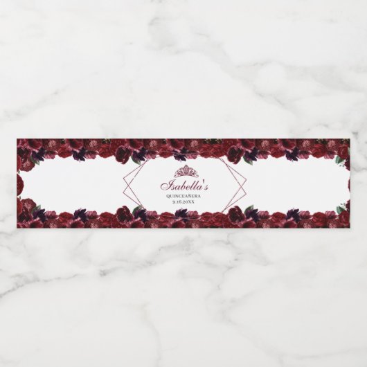 Burgundy Floral Quinceanera Water Fles Label Waterfles Etiket (Enkel label)