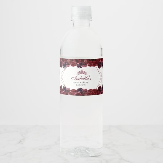 Burgundy Floral Quinceanera Water Fles Label Waterfles Etiket (Voorkant)