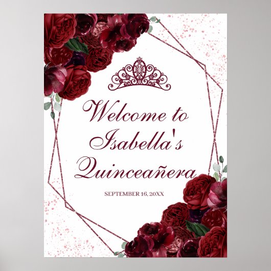 Burgundy Floral Quinceanera Welkomstteken Poster (Voorkant)