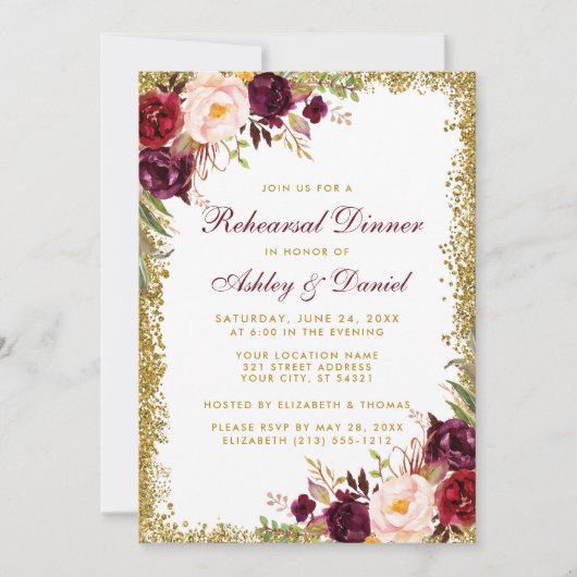 Burgundy Floral Rehearsal Dinner Gold Glitter Kaart (Voorkant)