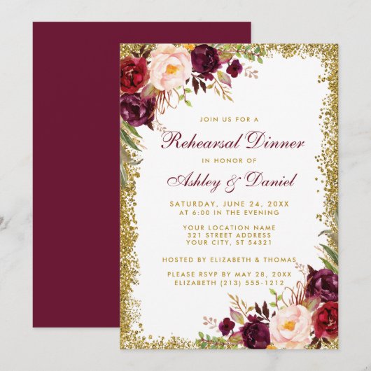 Burgundy Floral Rehearsal Dinner Gold Glitter Kaart (Voorkant / Achterkant)