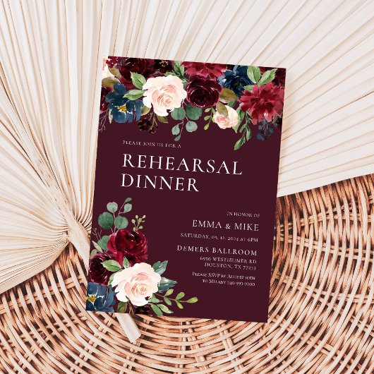Burgundy Floral Rehearsal Dinner Invitation Kaart