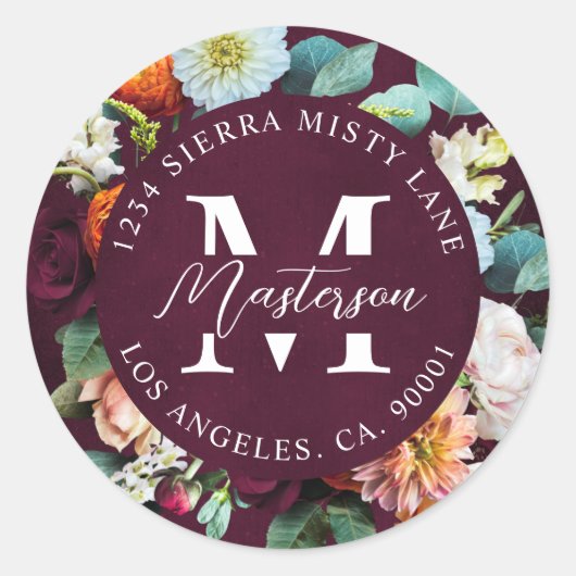 Burgundy Floral Return Address Envelope Seal Ronde Sticker (Voorkant)