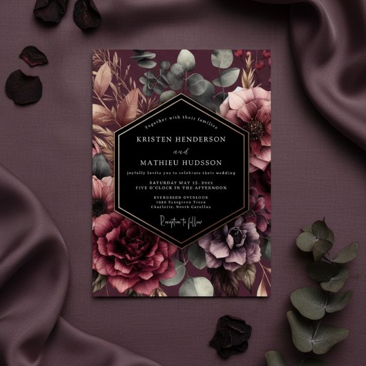 Burgundy Floral Romance Wedding Kaart
