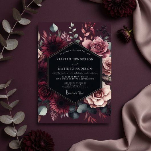 Burgundy Floral Romantic Wedding Kaart