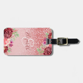 Burgundy Floral Roos Gold Glitter - Gepersonalisee Bagagelabel