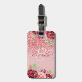 Burgundy Floral Roos Gold Glitter - Gepersonalisee Bagagelabel