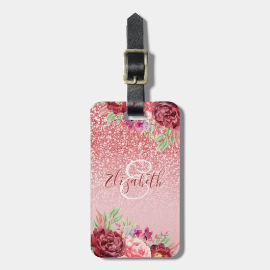 Burgundy Floral Roos Gold Glitter - Gepersonalisee Bagagelabel (Voorkant verticaal)