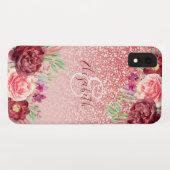 Burgundy Floral Roos Gold Glitter - Gepersonalisee Case-Mate iPhone Case (Achterkant (horizontaal))