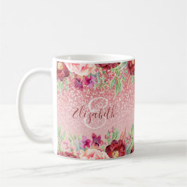 Burgundy Floral Roos Gold Glitter - Gepersonalisee Koffiemok