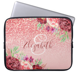 Burgundy Floral Roos Gold Glitter - Gepersonalisee Laptop Sleeve