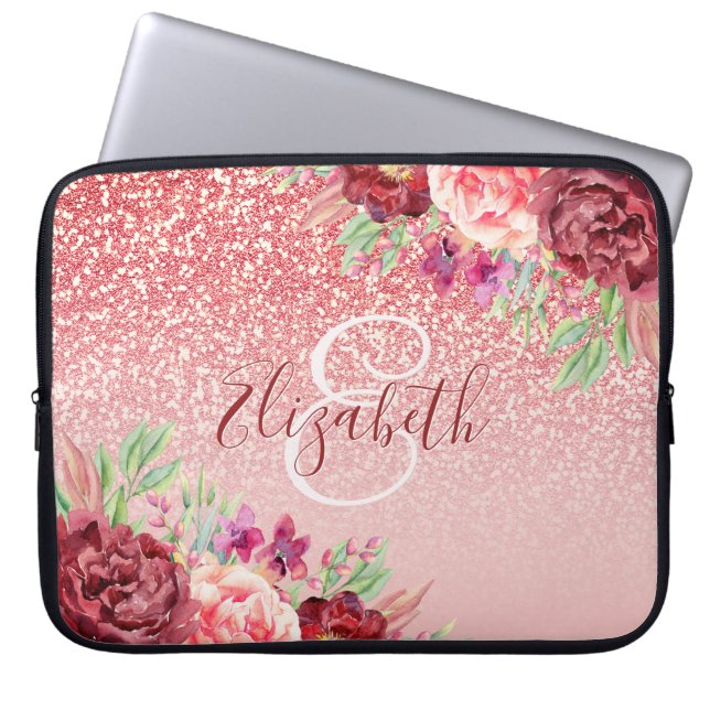 Burgundy Floral Roos Gold Glitter - Gepersonalisee Laptop Sleeve (Voorkant)