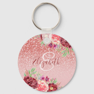 Burgundy Floral Roos Gold Glitter - Gepersonalisee Sleutelhanger