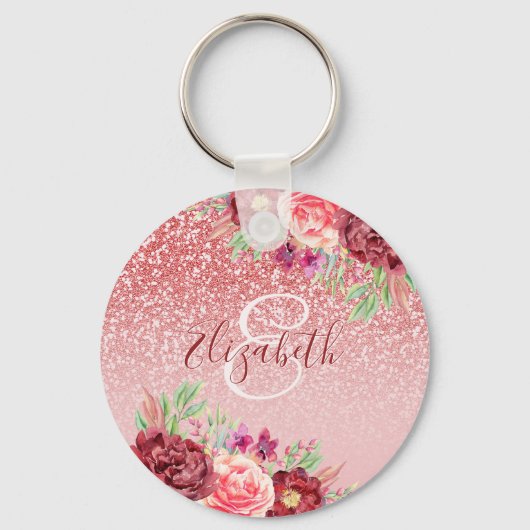 Burgundy Floral Roos Gold Glitter - Gepersonalisee Sleutelhanger (Voorkant)