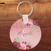 Burgundy Floral Roos Gold Glitter - Gepersonalisee Sleutelhanger (Voorkant)