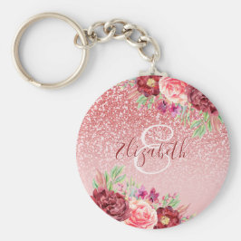 Burgundy Floral Roos Gold Glitter - Gepersonalisee Sleutelhanger