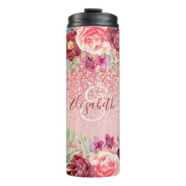 Burgundy Floral Roos Gold Glitter - Gepersonalisee Thermosbeker