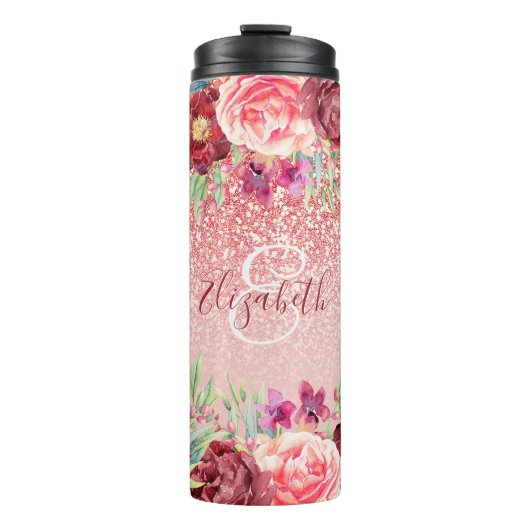 Burgundy Floral Roos Gold Glitter - Gepersonalisee Thermosbeker (Voorkant)