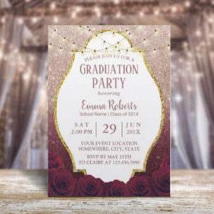 Burgundy Floral Roos Gold Glitter Ombre Afstuderen Kaart