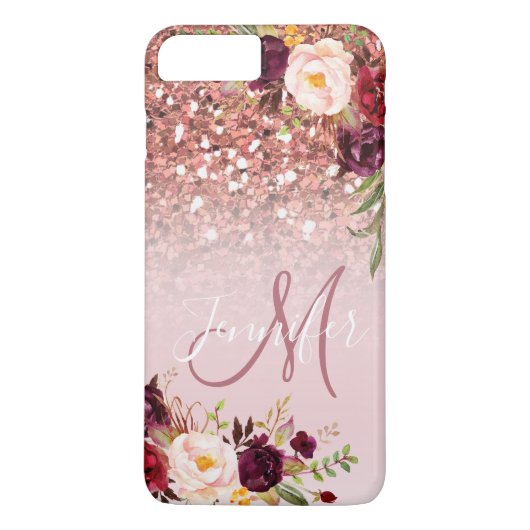 Burgundy Floral Roos Gold Glitter Sparkles Case-Mate iPhone Case (Achterkant)