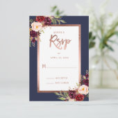 Burgundy Floral Roos Gold Moody Wedding RSVP (Staand voorkant)