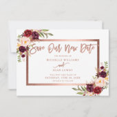 Burgundy Floral Roos Gold redder onze nieuwe datum Save The Date (Voorkant)