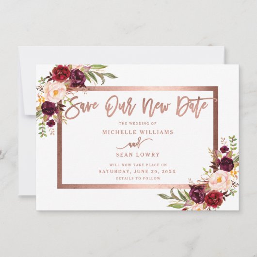 Burgundy Floral Roos Gold redder onze nieuwe datum Save The Date (Voorkant)