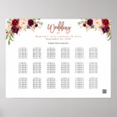 Burgundy Floral Roos Gold Wedding Seating Chart Poster (Voorkant)