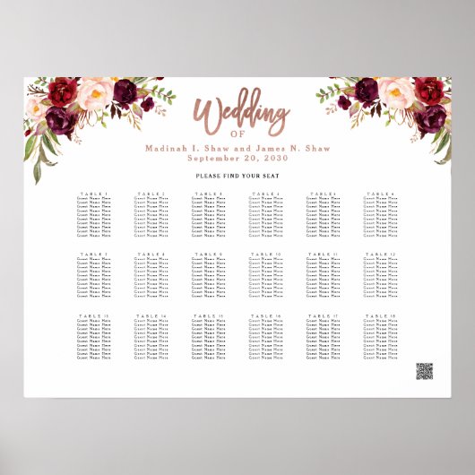 Burgundy Floral Roos Gold Wedding Seating Chart Poster (Voorkant)