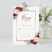 Burgundy Floral Roos Gold White Weddenschap RSVP (Staand voorkant)