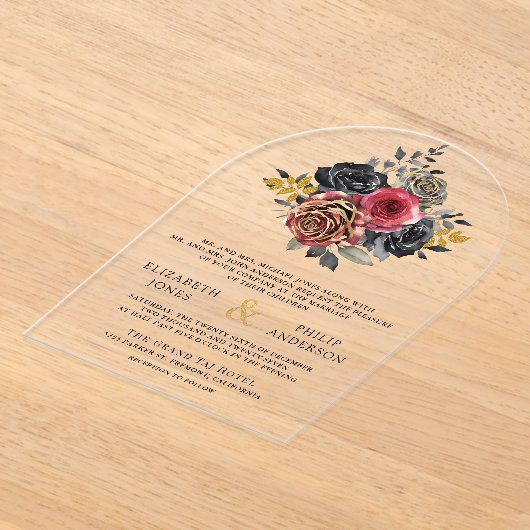 Burgundy Floral Roses Black Wedding Acryl Uitnodigingen (Laagn)