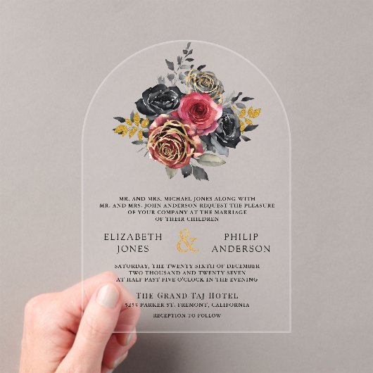Burgundy Floral Roses Black Wedding Acryl Uitnodigingen (Insitu (Draagbaar))