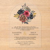 Burgundy Floral Roses Black Wedding Acryl Uitnodigingen (Voorkant)