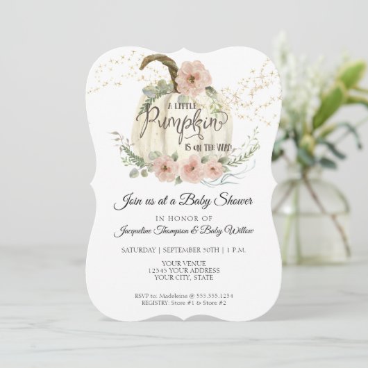 Burgundy Floral Rozen Gold Pumpkin Baby shower Inv Kaart (Staand voorkant)