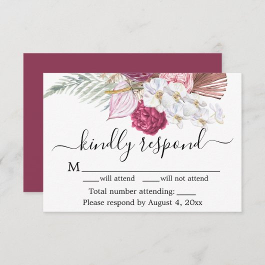 Burgundy Floral RSVP-kaart Bedankkaart (Voorkant / Achterkant)
