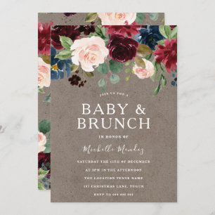 Burgundy Floral Rustic Baby shower Brunch Kaart