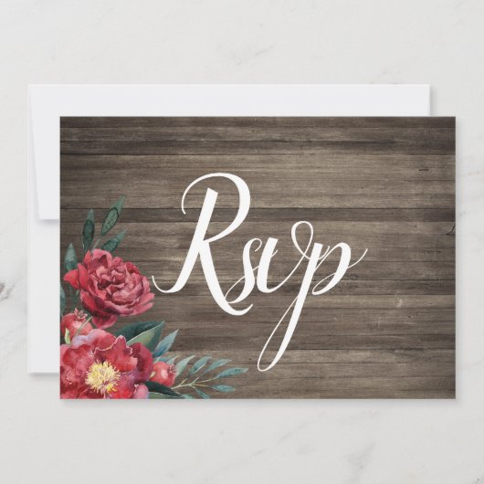 Burgundy Floral Rustic Barn Wood Rsvp Card Kaart (Voorkant)