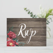 Burgundy Floral Rustic Barn Wood Rsvp Card Kaart (Staand voorkant)
