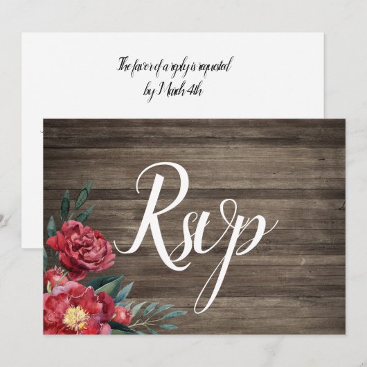 Burgundy Floral Rustic Barn Wood Rsvp Card Kaart (Voorkant / Achterkant)