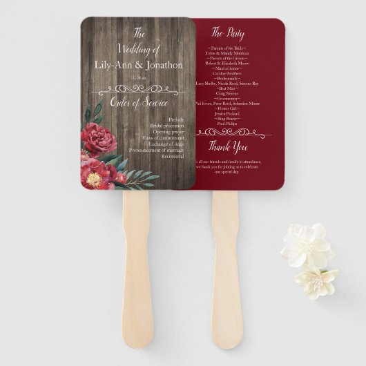 Burgundy Floral Rustic Barn Wood Weddenschap Handwaaier (Voorkant en achterkant)