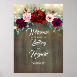 Burgundy Floral Rustic Country Weddenschap Welkom Poster